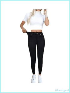 High Waist Skinny Jeans with Crystal Button Detail, Stretch Fit